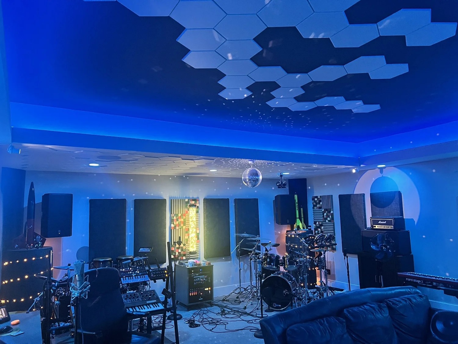 KMS live room with drums and workstation